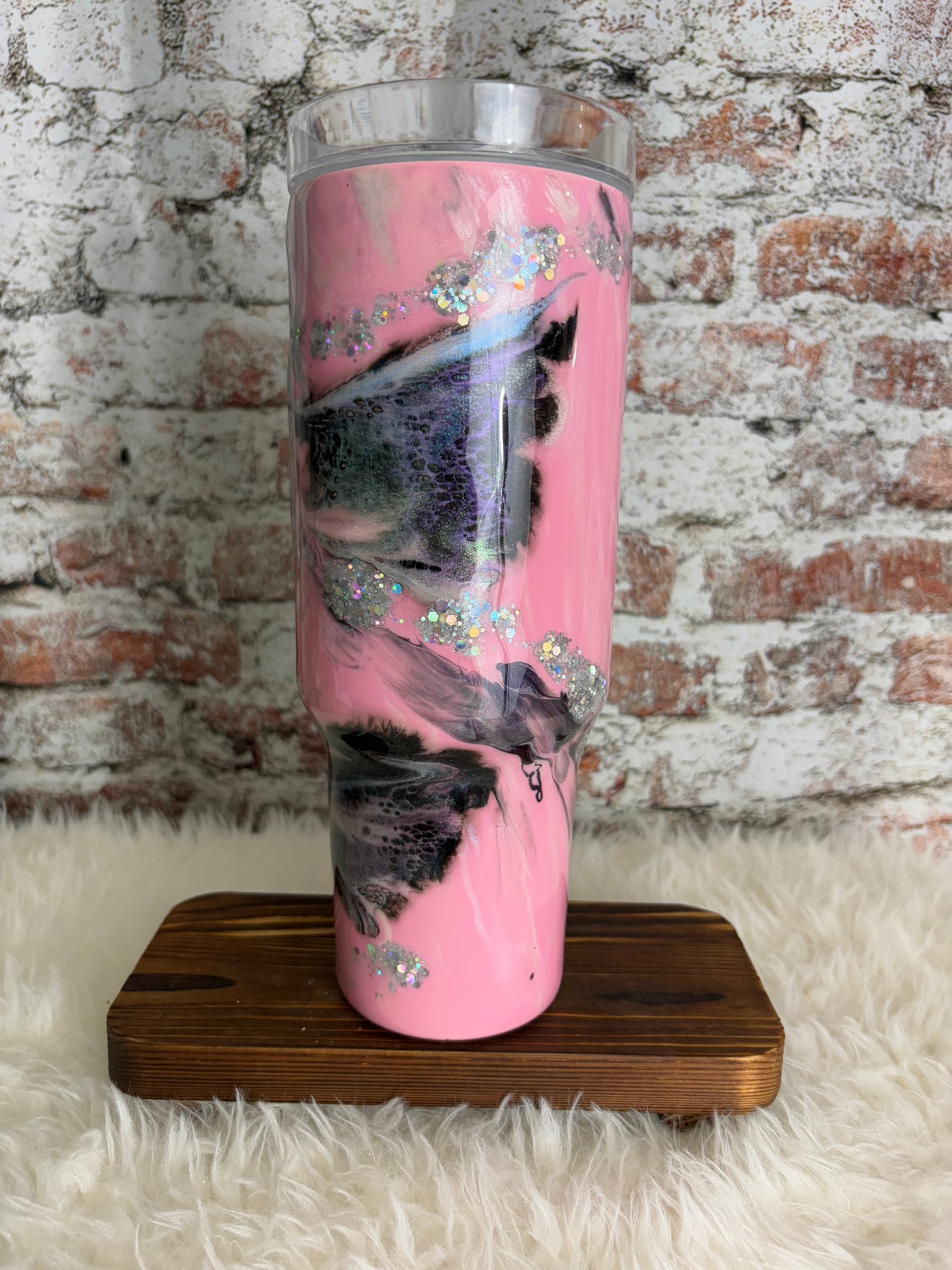 “Pink Stardust Swirl” – 40 oz Glitter Handle Tumbler