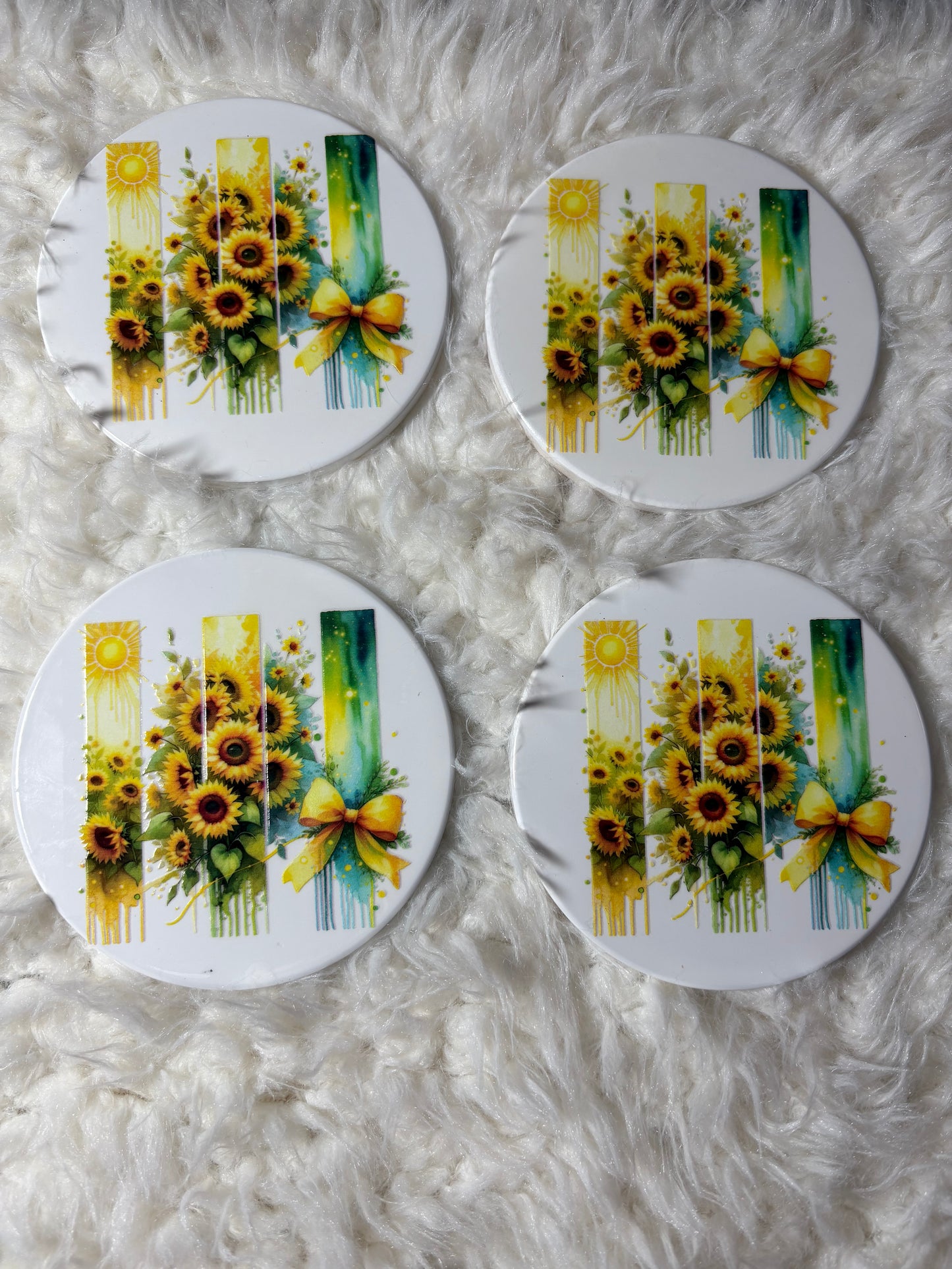 Sunflower Ceramic Coaster Set - Set of 4 | Yellow & Green Cork-Backed Drink Coasters