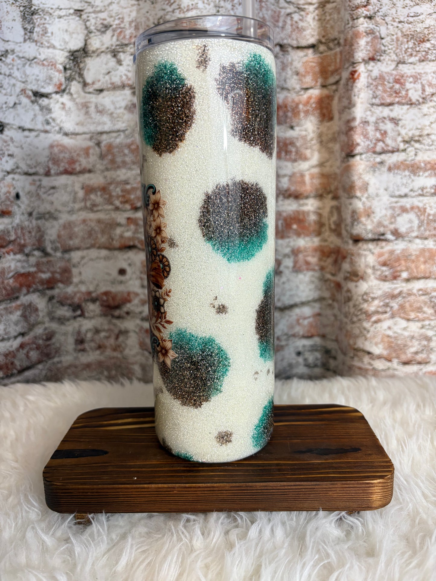 Sassy Meets Western – 30oz Cow Print Glitter Tumbler