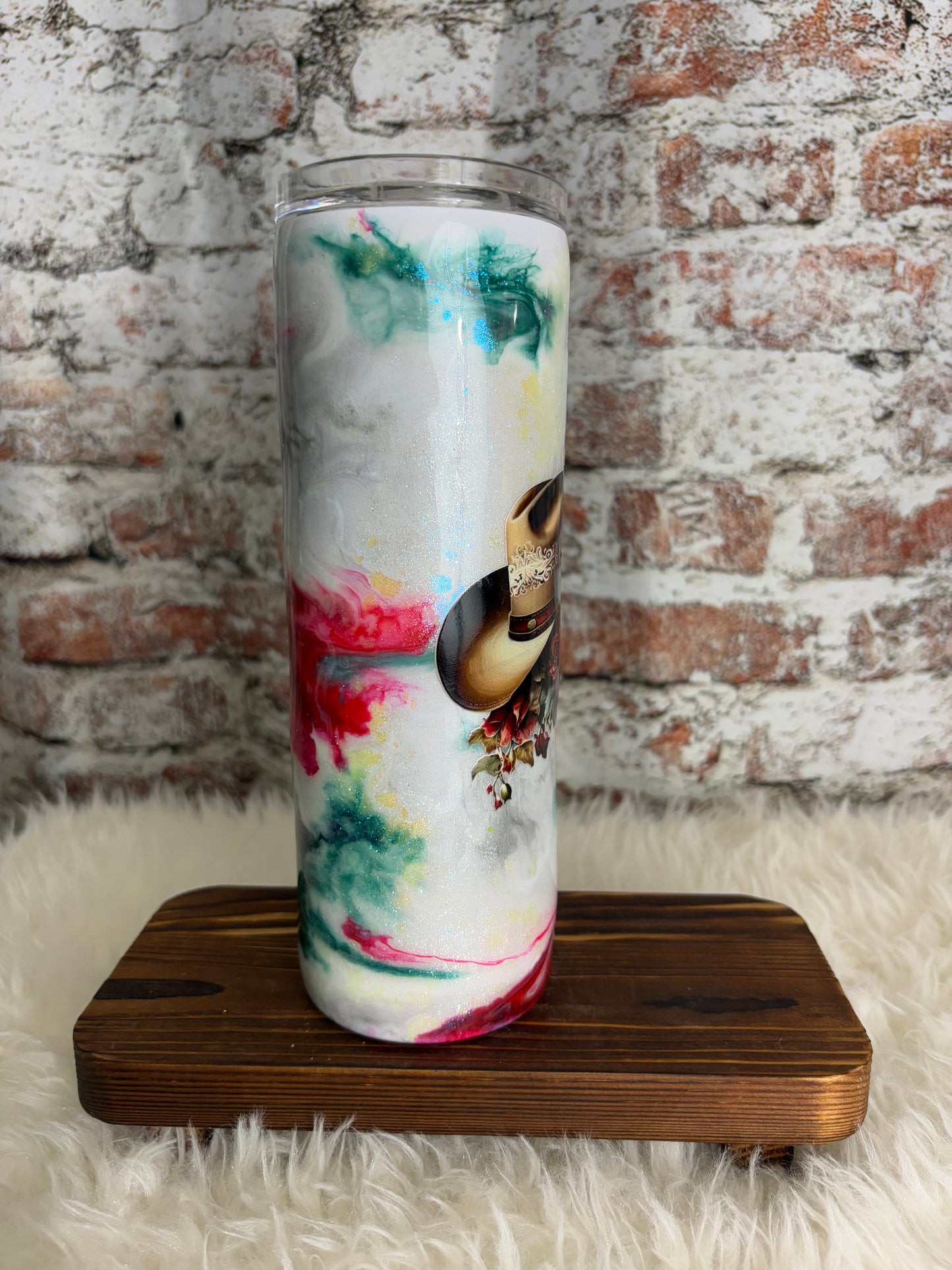 “Western Bloom” – 20 oz Cowgirl Tumbler with Watercolor Swirl