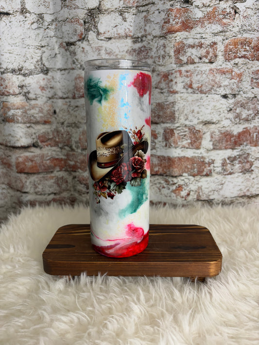 “Western Bloom” – 20 oz Cowgirl Tumbler with Watercolor Swirl
