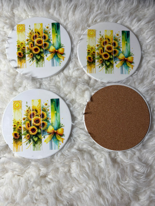 Sunflower Ceramic Coaster Set - Set of 4 | Yellow & Green Cork-Backed Drink Coasters