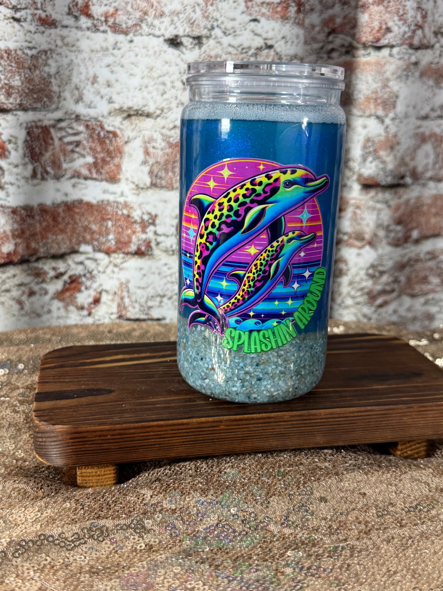 🌊🐬 “Splashin’ Around” Neon Dolphin 16 oz Beach Globe Tumbler 🐬🌊