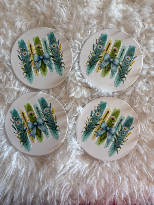 🌿 Rustic Floral Charm – 4-Piece Cork Back Coaster Set 🌿