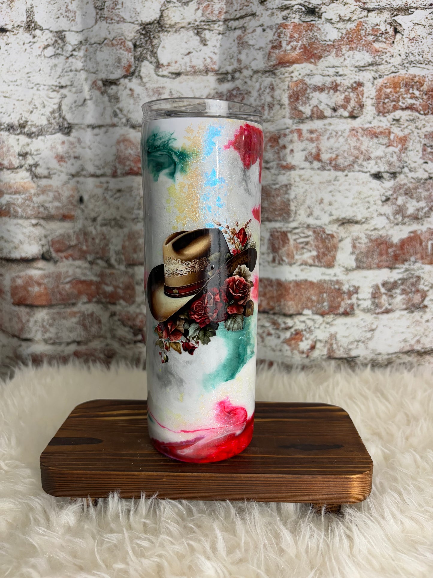 “Western Bloom” – 20 oz Cowgirl Tumbler with Watercolor Swirl