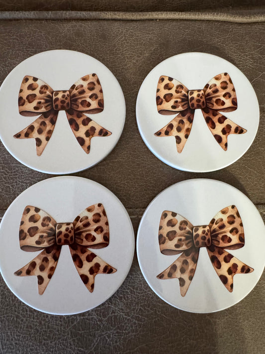 🐆🎀 Leopard Print Bow Coaster Set – Set of 4 🎀🐆