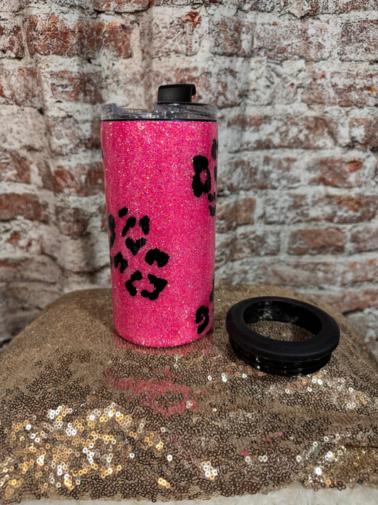 Pink leopard can coozie