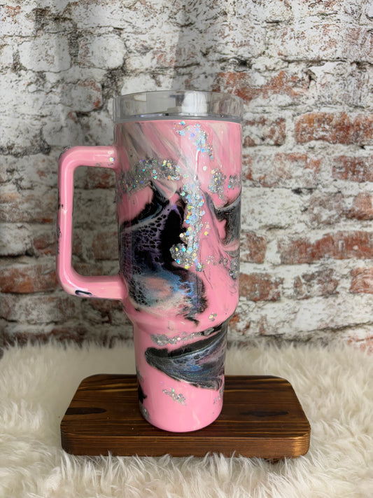 “Pink Stardust Swirl” – 40 oz Glitter Handle Tumbler