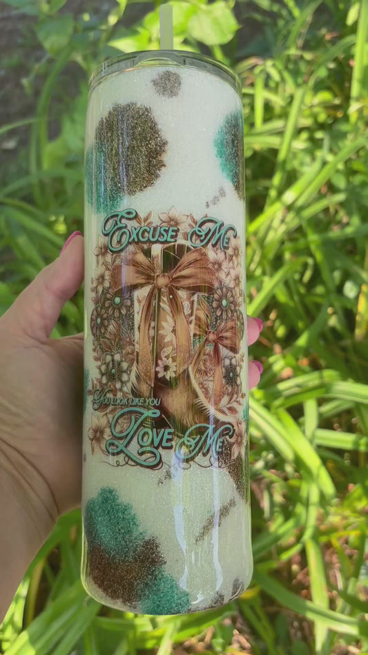 Sassy Meets Western – 30oz Cow Print Glitter Tumbler